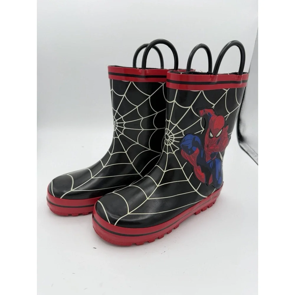 Marvel Spider-Man Kids Rain Boots Size 10 M Black Red Pull Handles.       1789